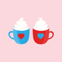 Valentine hot chocolate with cream. Two cups for her and for him.
