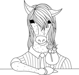 Line art of horse drinking cocktail at a pub, for coloring book, coloring page for adult, design element. Vector illustration