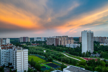 Fototapeta na wymiar The City at sunset, beautiful yellow clouds, Moscow, Russia