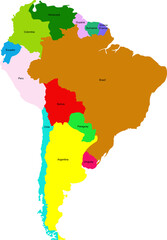 Map of the countries of South America. Geographic map of the contours of different colors.