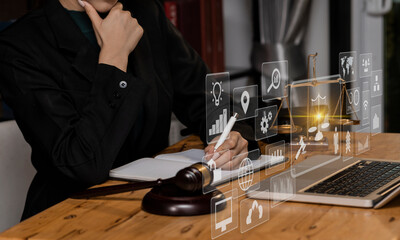 Concepts of Law and Legal services.	lawyer working at table office.