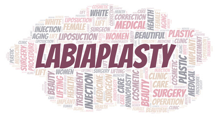 Labiaplasty typography word cloud create with the text only. Type of plastic surgery