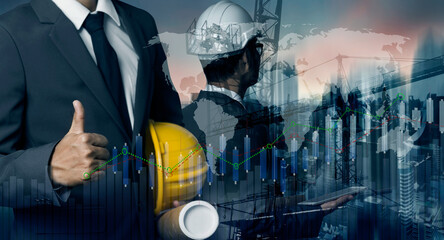 Naklejka premium Double exposure engineering using digital technology interfaces icon with construction cranes no city background.