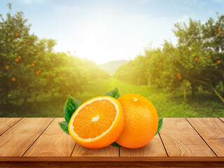 Fresh orange juice with fruits on wooden table and orange plantation with fruits in sun light