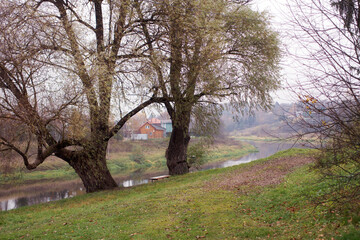 Autumn landscape, village houses on the river bank with trees. Autumn distance. Moscow river, Moscow region, Russia.