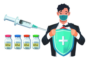 Man wear mask holding medical health shield get Covid-19 vaccine injection vector illustration.