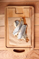 Pickled herring. Salted, soused skinless fillets of fish Clupea.
