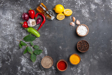 top view fresh ingredients with lemon and seasonings on the dark background photo food fruit many