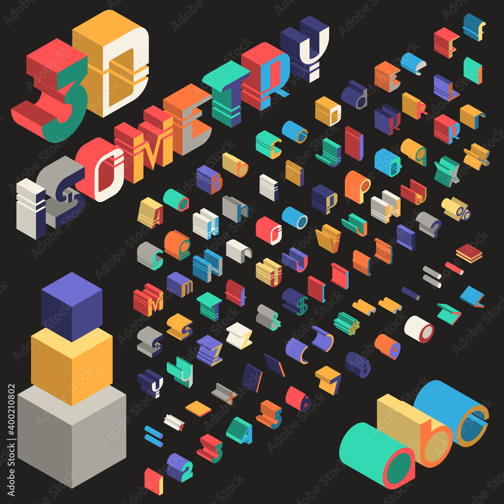 Poster vector isometric 3d font. colorful collection of letters, numbers and punctuation marks