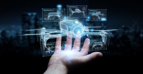 Businessman holding and touching holographic drone projection in his fingers 3D rendering