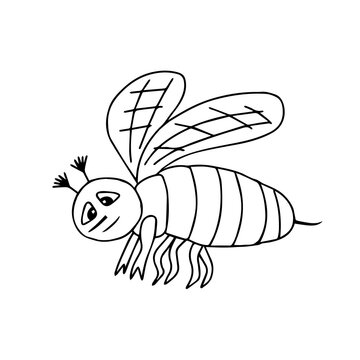 Hand-drawn black vector illustration of a tired sad bee isolated on a white background