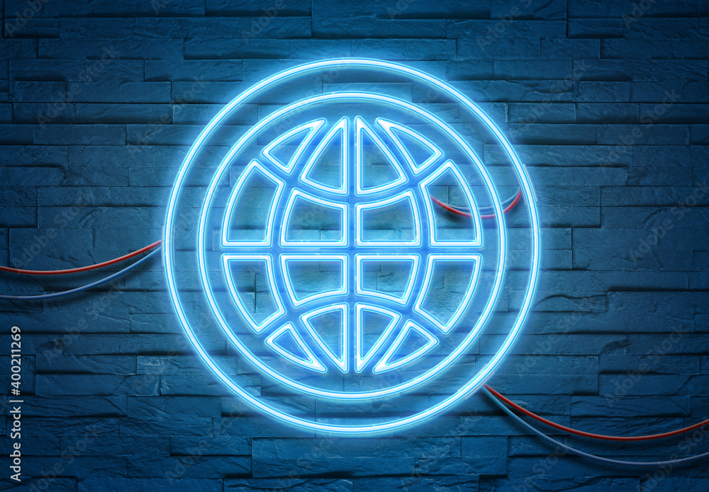 Wall mural digital web icon illuminating a brick wall with blue and pink glowing light 3d rendering