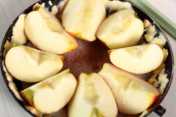 Arrange apple wedges into pan, skin side down. Making Apple Tarte Tatin with Cinnamon Series.