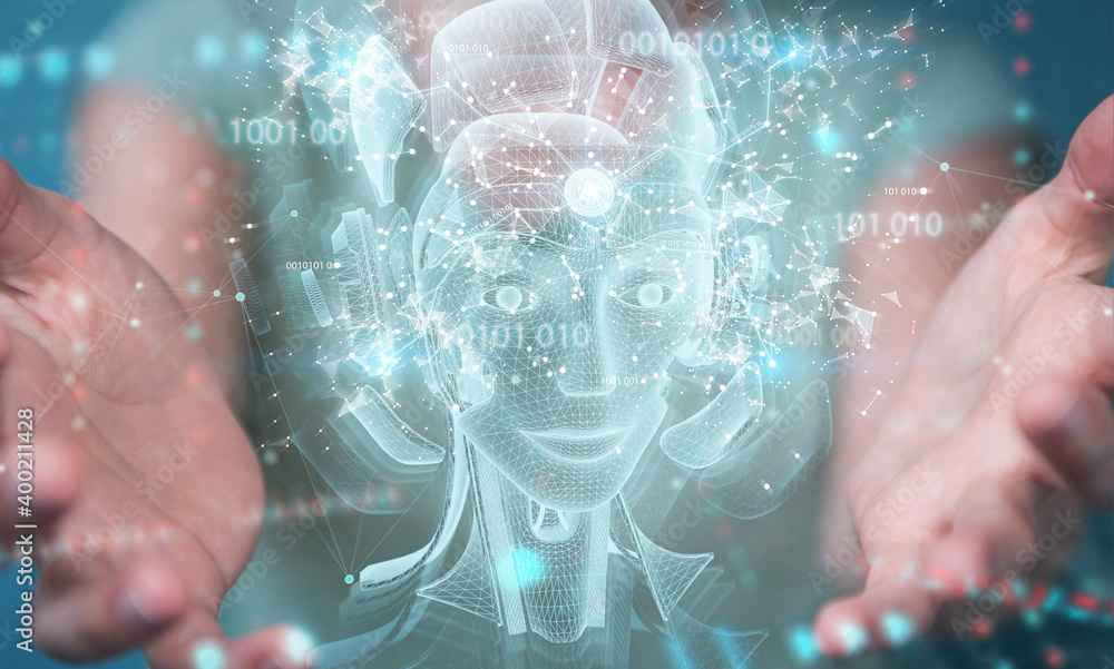 Aufkleber woman using digital artificial intelligence holographic projection 3d rendering