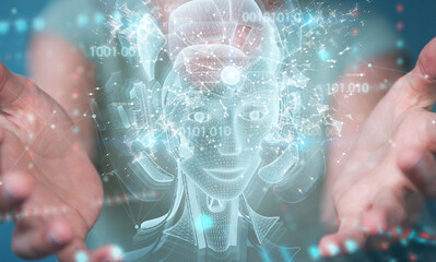 Woman using digital artificial intelligence holographic projection 3D rendering