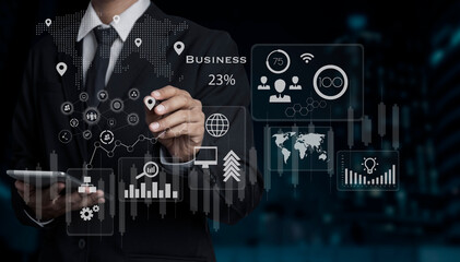 Double exposure of businessman working on digital marketing virtual chart, Abstract icon, Business strategy concept.