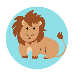 
Funny cartoon lion with shaggy mane sits and looks straight, vector illustration on isolated background in simple childish flat style.