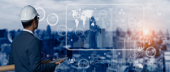 Double exposure engineering using digital technology interfaces icon with construction cranes no city background.	