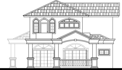 Two-storey terraced house in 2D black and white CAD drawing. 
