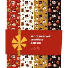 Set of seamless patterns. Festive, New Year's gifts. For wrapping paper, packaging and scrapbooking, postcard decoration