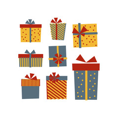 New Year's set, gifts. icons and icons of beautiful boxes with ornament, flat cartoons, avant-garde, happy, kids