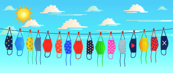 The cloth face masks hanging on washing line for sunlight outdoor vector illustration.