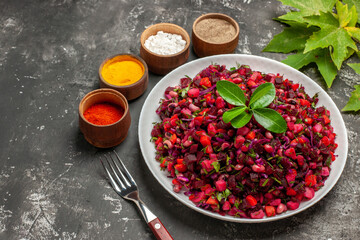 front view tasty vinaigrette beet salad with beans on dark background diet health meal