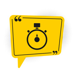 Black Stopwatch icon isolated on white background. Time timer sign. Chronometer sign. Yellow speech bubble symbol. Vector Illustration.