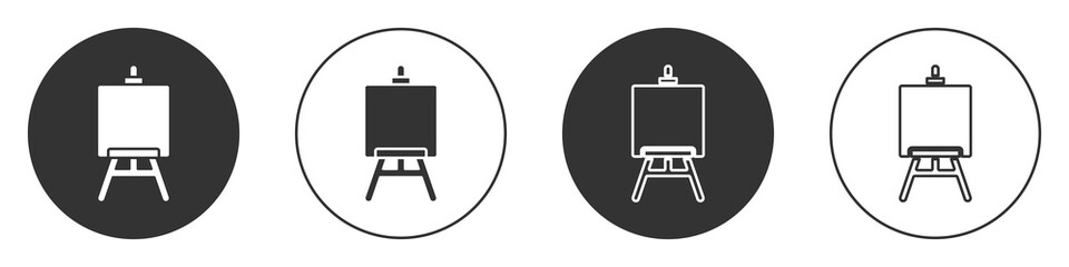Black Wood easel or painting art boards icon isolated on white background. Circle button. Vector Illustration. © Kostiantyn