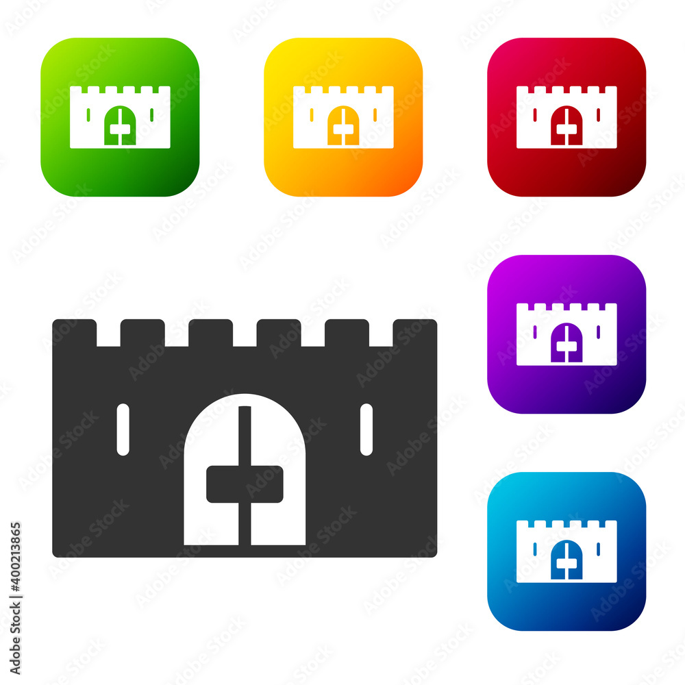 Poster black medieval castle gate in a stone wall icon isolated on white background. medieval fortress. pro
