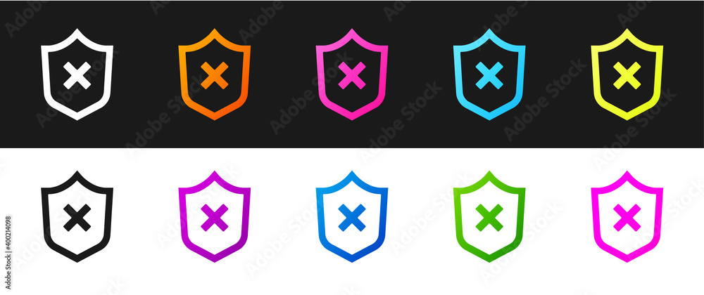 Poster set shield with cross mark icon isolated on black and white background. shield and rejected. notice 