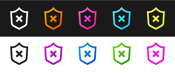 Set Shield with cross mark icon isolated on black and white background. Shield and rejected. Notice of refusal. Vector.