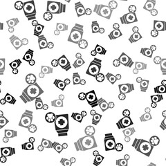 Black Bag of food for dog icon isolated seamless pattern on white background. Dog or cat paw print. Food for animals. Pet food package. Vector.