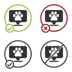 Black Map pointer with veterinary medicine hospital, clinic or pet shop for animals icon isolated on white background. Vet or veterinarian clinic. Circle button. Vector.