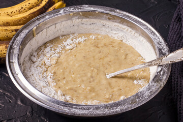 Banana bread or banana muffins cake step by step cooking process. We mix all the ingredients, make dough or batter