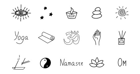 Set of elements for meditation and yoga. Black and white hand drawn doodle icon. Vector isolated symbol illustration - obrazy, fototapety, plakaty