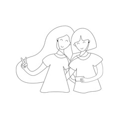 Two girls best friends are listening to music with headphones for two. Happy friendship day. Black and white vector illustration isolated. Friendship concept