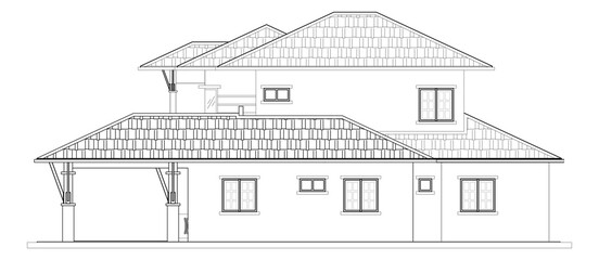 Two-storey terraced house in 2D black and white CAD drawing. Tropical climate design. 