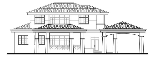 Two-storey terraced house in 2D black and white CAD drawing. Tropical climate design. 