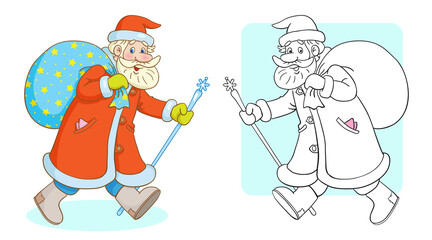 Santa Claus with a large bag of gifts in a hurry to meet the New year. Coloring page with colorful example. In cartoon style. Vector illustration. For coloring book.