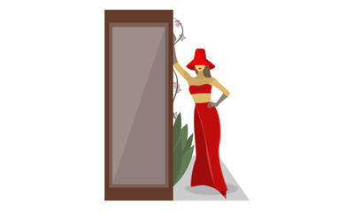 Lady in red near the wall. Vector illustration.