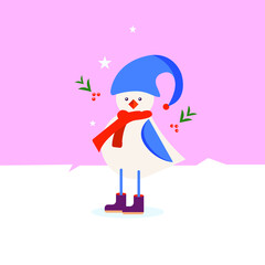Happy snowman with red scarf and blue hat on pink background
