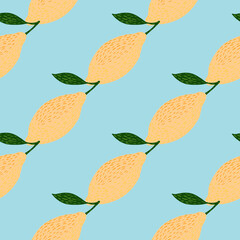 Simple bright seamless lemon pattern. Light yellow citrus fruit on blue background.