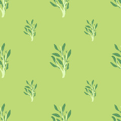 Green foliage ornament doodle seamless pattern. Light green background in pastel tones.