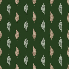 Beige and grey colored outline foliage seamless pattern. Dark green background. Nature print.