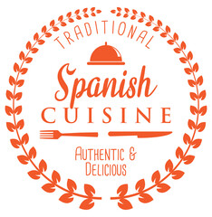 Spanish Cuisine. Traditional Delicious Spanish Foods. Vector Stamp With Wreath.