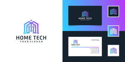 Abstract home tech with line art style logo and business card