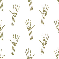 Isolated seamless haloween pattern with beige bone hands shapes. White background. Spooky print.