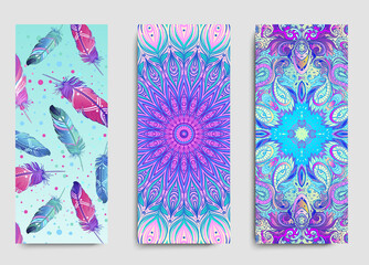 Yoga card, flyer, poster, mat design. Colorful template for spiritual retreat or yoga studio. Ornamental business cards, oriental pattern. Vector illustration