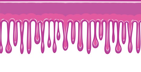 Beads of pink liquid. The paint runs off thickly. Jelly. The drops slide. The isolated object on a white background. Frame. Vector